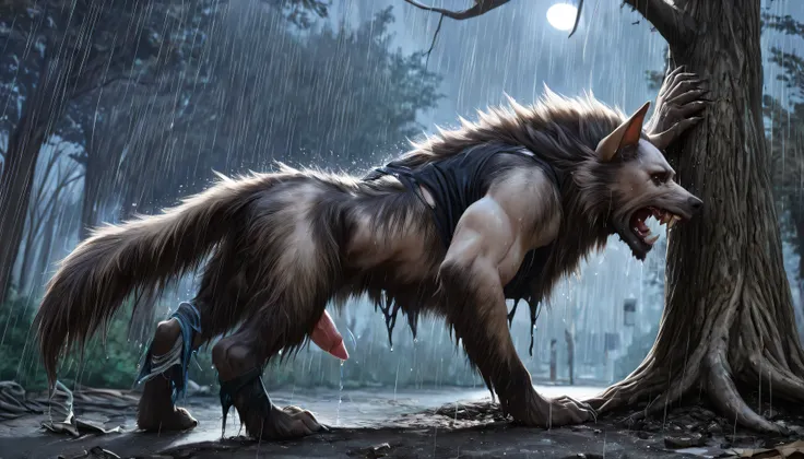 Lean on tree, low angle, view from ground, Backside, shot from back:1.2, human skin:1.4, wet, veins, virus:1.3, human:0.8, Werewolf transformation, mid morfing, [werewolf: human:0.7], [arms: paws:0.6], [grey human skin: fur: 0.4], dark grey skin, detailed ...