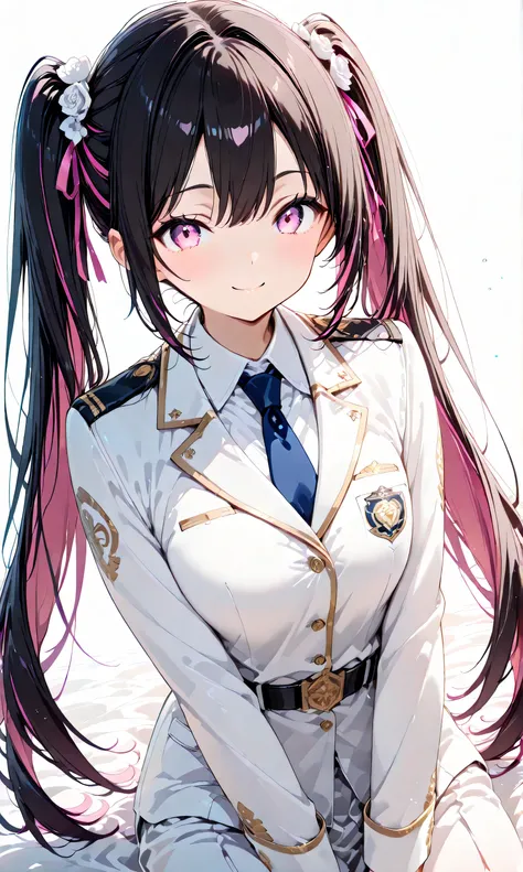 (watercolor:0.4)、( pastel :0.6)、 1 dead girl 、long jet black twin tails、Tie the black highlights with a ribbon、a knight in a military uniform with white roses scattered around、pink eyes。an expression where you can sit on the ground and place a sword on...