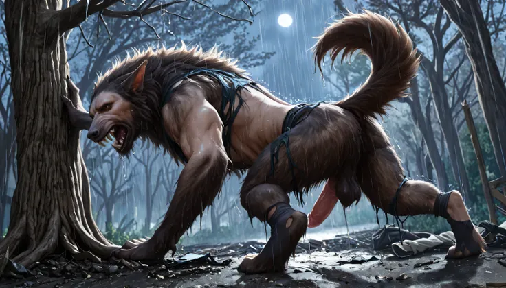 Lean on tree, low angle, view from ground, Backside, shot from back:1.2, howling: 1.3, human skin:1.4, wet, veins, virus:1.3, human:0.8, Werewolf transformation, mid morfing, [werewolf: human:0.7], [arms: paws:0.6], [grey human skin: fur: 0.4], dark grey s...