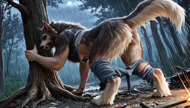 lean on a tree,  low angle, view from ground, Back side, photo from behind:1.2, howling : 1.3,  human skin:1.4,  wet, veins, Virus:1.3,  human:0.8, werewolf transformation, medium morphing, [werewolf:  human:0.7], [weapon: paws:0.6], [grey  human skin: woo...