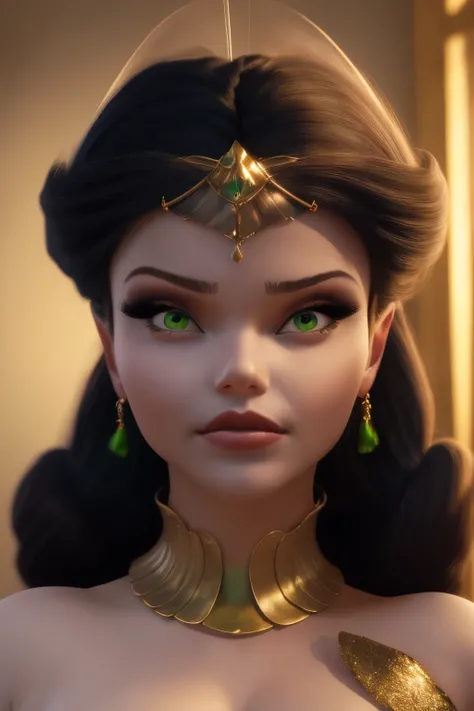hyper realistic portrait shot of a beautiful egyptian queen, looking down proudly on the camera with her expressive green eyes, tanned skin tone , thin nose , black braided bob hair with golden accessories and jewelries , wearing a white see tough dress