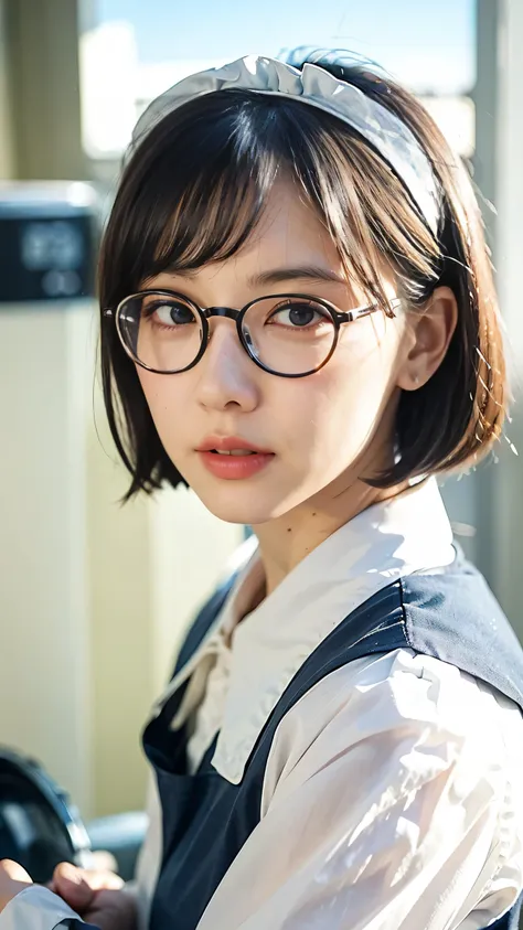 ((realistic lighting, Best Quality, 8k))overhead shot, black hair bob、Ultra-thin face,double eyelids,glasses、freckles、big breasts、 petite body、maid uniform、white headband、putting your whole body in the camera、glasses、Laundry basket 、 laundromat