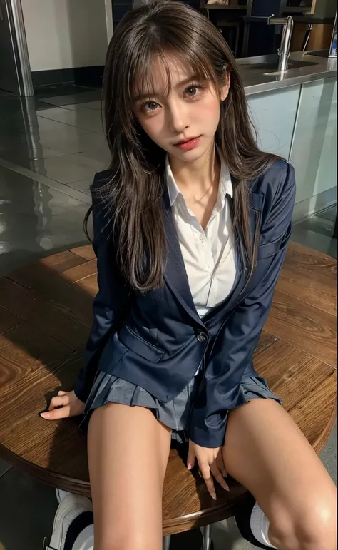 masterpiece, female high school student、( school uniform:1.5)、(her panties:1.5)、 (My huge breasts are sticking out) 、I can see the dirty part、navy high socks、 lace panties、,Put on your shoes、sit on a chair and spread your legs、(Bright School Classroom:1.5...