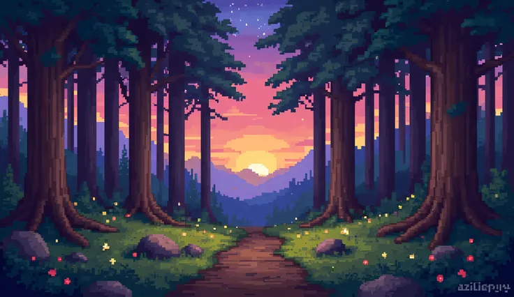 in the style of aziib_pixel. pixel art of A serene ancient forest at twilight, with tall pine and oak trees stretching into a sky painted in amber and lavender hues. The path is soft with moss, and the first fireflies begin to glow. Warm, inviting, and mag...