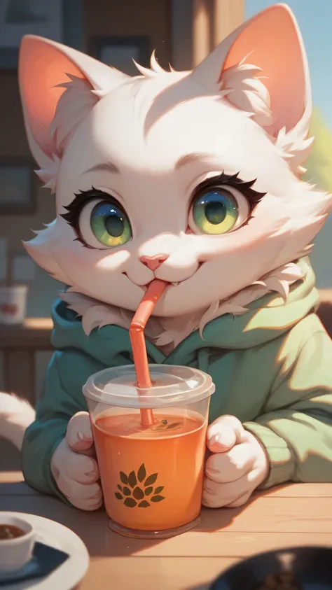 A very cute cat with white fur and green eyes drinking tea