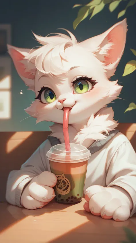 A very cute cat with white fur and green eyes drinking tea