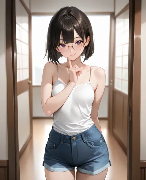 A young Chinese girl, wearing glasses, shorts and jeans, wearing tight string tank top, a cute expression, natural light indoors, soft tones, exquisite details, teasing pose,semi  realistic anime style, ((correct eyes proportion)), ((high detailed eyes)), ...
