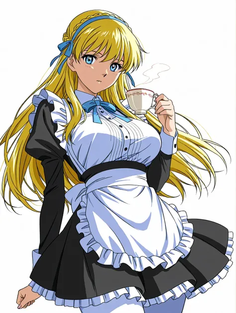 score 9 、score 8 up、score 7 up、source anime、masterpiece、Highest quality、high resolution、  1girl  、Anime girl with a cup of black tea and a cake、alone、change in dress、( Maid ) girl、portrait of changeta、 Gold、long hair、blue eyes、french braid、crown braid、blue...