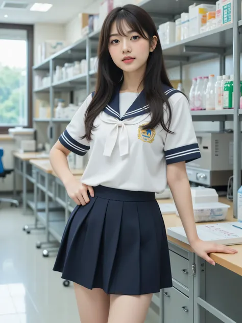 japanese cute idol, Japanese cute girl, kawaii, a beautiful young girl dressed up as a sailor girl posing, 1girl, solo, school uniform, serafuku, skirt, black hair, long hair, looking at viewer, socks, masterpiece, best quality, hyper detailed, insanely d...
