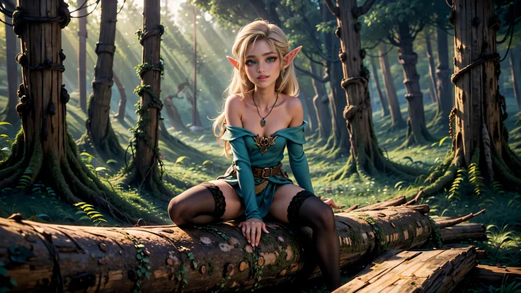 ((1girl)), ((solo)), elf, long hair, young elf girl, small pointy ears, round breasts, thigh-highs, ((straddling a log in a forest)), ((looking at viewer)), ((green eyes)), ((WOOD ELF)), ((fairy)), ((smiling)), Perfect body, beautiful, young, tempting, rip...