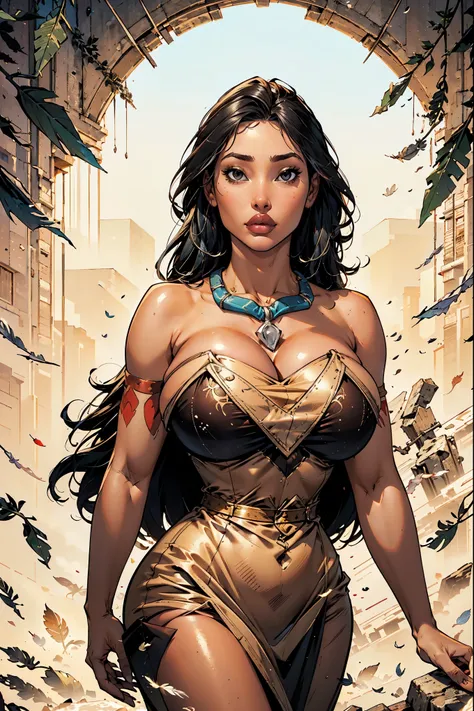 PocahontasXLP, dark skin, long hair, necklace, strapless, dress, feathers, levantando a barra do vestido com as mãos ((bimbostyle)), Cover Art by Frank Cho