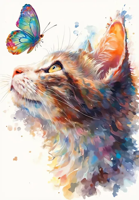 Picture of a cat looking up at a butterfly, Painted with bright watercolors, Beautifully colorful, Beautiful neon cat, beautiful colorful, amazing color , colorful HD images , Colorful photos , Awesome cat, Vector art by 、colorful and full of detail , S...