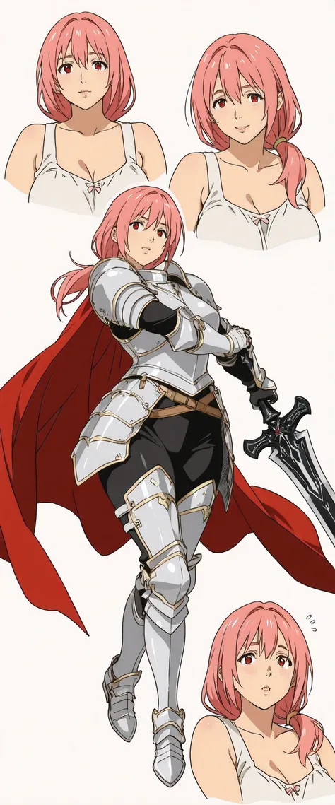 32 yo, (Sugar mature mommy), (anime girl with pink hair), loose low ponytail, red eyes, sleeveless gauntlets, armored dress, breastplate, hipguards, crotchguard, asymetric worn knights wind-blown cape, holding heavily decorated holy broadsword, armored hee...