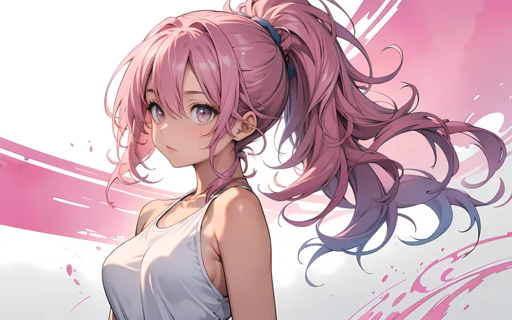 make a poster with an abstract watercolour background, side composition, 1 girl, extremely detailed face and eyes, long wavy messy pink hair in a ponytail, very tight sleeveless halter shirt,(medium sized breasts:1.2),