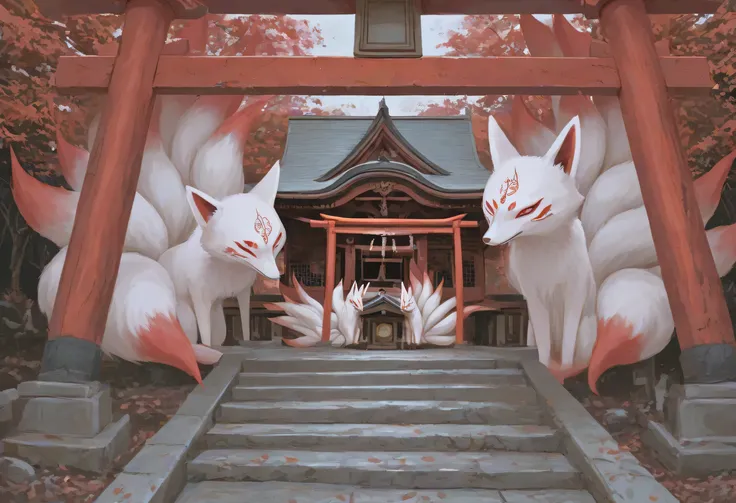 Nine-tailed fox,white,animal,Japan,shrine,torii,red eye