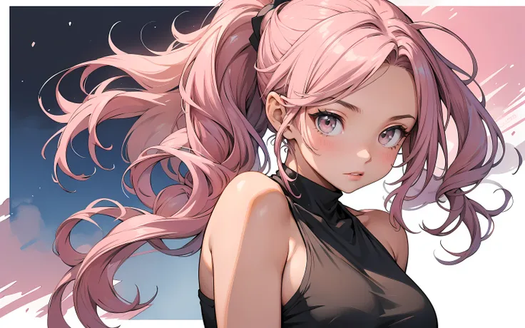 make a poster with an abstract watercolour background, side composition, 1 girl, extremely detailed face and eyes, long wavy messy pink hair in a ponytail, very tight sleeveless halter shirt,(medium sized breasts:1.2),