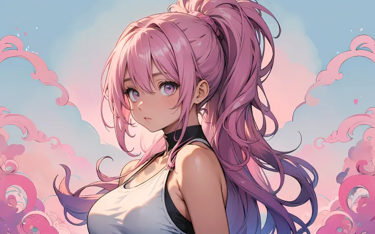 make a poster with a mandala inspired watercolour background, side composition, 1 girl, extremely detailed face and eyes, long wavy messy pink hair in a ponytail, very tight sleeveless halter shirt,(medium sized breasts:1.2),