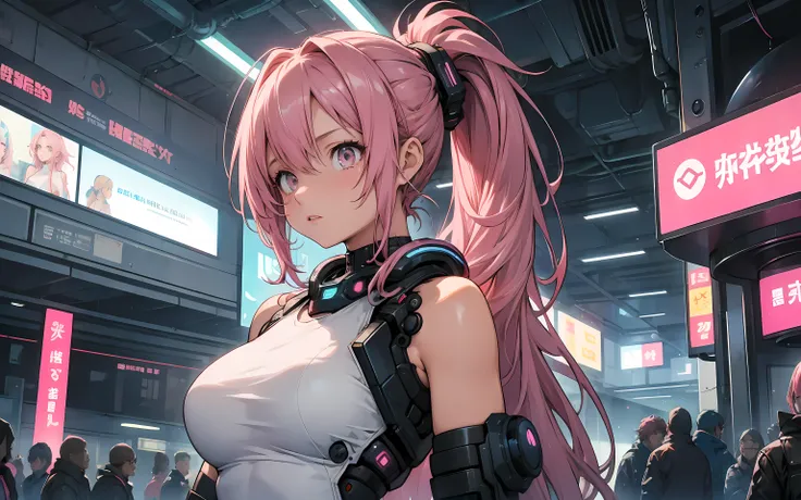 make a poster with a cyberpunk futuristic dystopia watercolour background, side composition, 1 girl, extremely detailed face and eyes, long wavy messy pink hair in a ponytail, very tight white sleeveless halter shirt,(medium sized round breasts:1.0), she h...