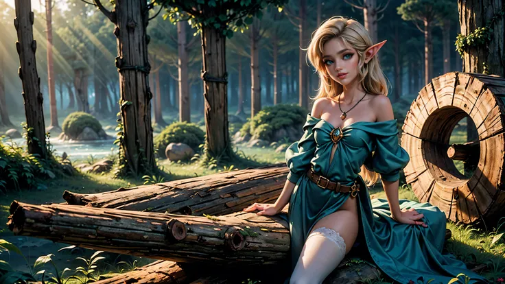 ((1girl)), ((solo)), elf, long hair, young elf girl, small pointy ears, round breasts, thigh-highs, ((straddling a log in a forest)), ((looking at viewer)), ((green eyes)), ((WOOD ELF)), ((fairy)), ((smiling)), Perfect body, beautiful, young, tempting, rip...