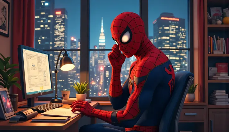 Create Spider-Man in ultra definition 8k, studying in your room and concentrating in your room at 3 in the morning, with a window in the background showing a beautiful landscape of the city. Spider-Man must be strong with a defined and imposing body.