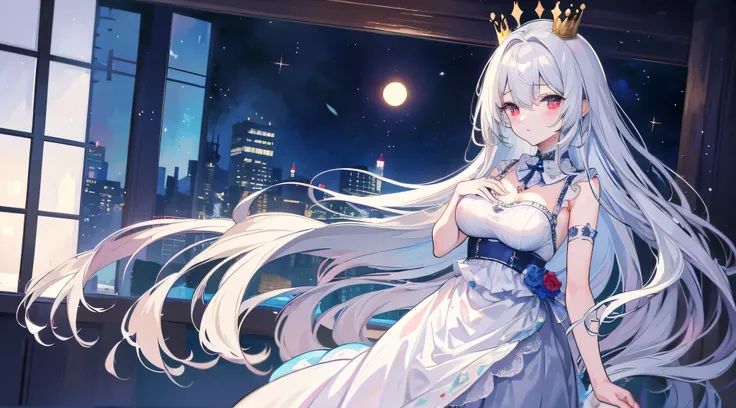 Delicate Eyes ),(Clear and beautiful eyes:1.61), masterpiece,(Walking in the moonlight),long gray hair on the chest with both hands,Good Hand,full body photo,Light Blue,( red eyes:1.466),short,(very big breasts:1.35),(pretty face),(full body photo:1.33),B...