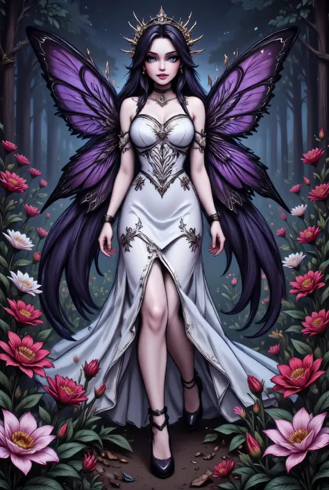  a picture of a dark female fairy resting in a flower meadow, extremely beautiful fairy, ultra feminine (intense details, Masterpiece, best quality), best detailed face (intense details, Masterpiece, best quality), having wide butterfly wings, spread butte...