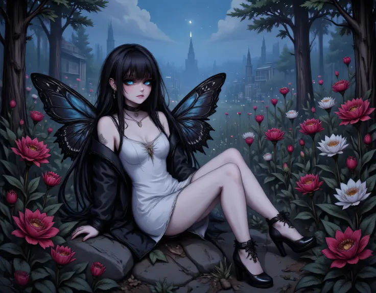 a picture of a dark female fairy resting in a flower meadow, extremely beautiful fairy, ultra feminine (intense details, Masterpiece, best quality), best detailed face (intense details, Masterpiece, best quality), having wide butterfly wings, spread butte...