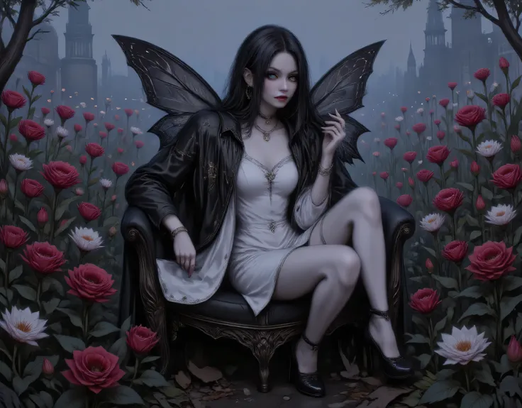 a picture of a dark female fairy resting in a flower meadow, extremely beautiful fairy, ultra feminine (intense details, Masterpiece, best quality), best detailed face (intense details, Masterpiece, best quality), having wide butterfly wings, spread butte...