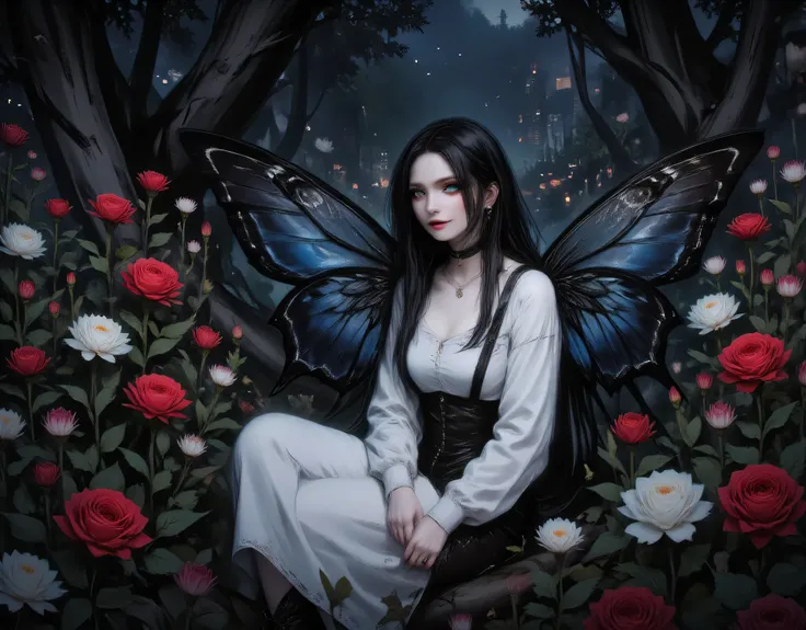a picture of a dark female fairy resting in a flower meadow, extremely beautiful fairy, ultra feminine (intense details, Masterpiece, best quality), best detailed face (intense details, Masterpiece, best quality), having wide butterfly wings, spread butte...
