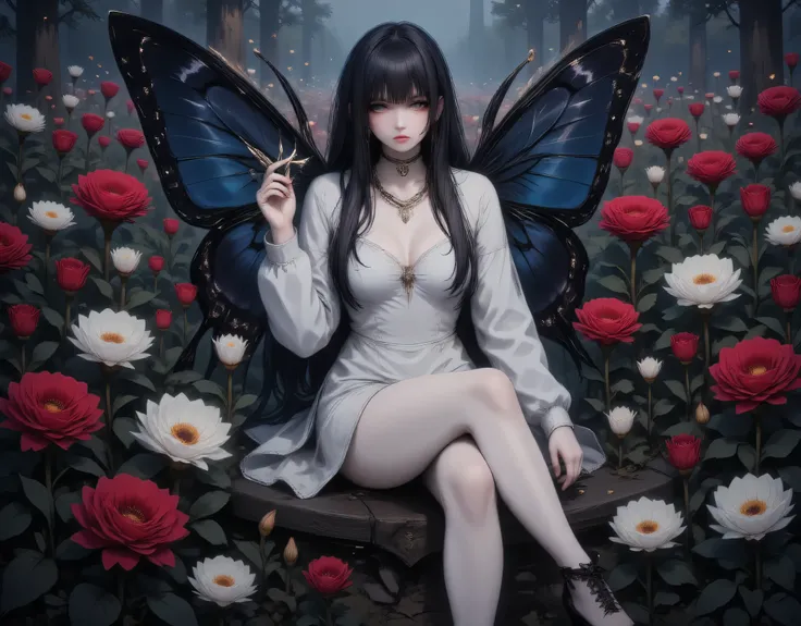 a picture of a dark female fairy resting in a flower meadow, extremely beautiful fairy, ultra feminine (intense details, Masterpiece, best quality), best detailed face (intense details, Masterpiece, best quality), having wide butterfly wings, spread butte...