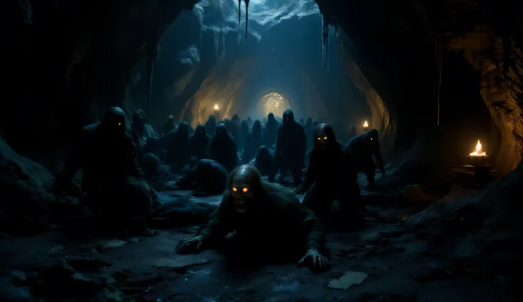 Ultra realistic image. Create a dark, eerie cave hall illuminated by faint, flickering torchlight. The cavern walls are jagged and damp, with water dripping from stalactites. A horde of zombies is slowly shambling toward the camera, their lifeless eyes glo...