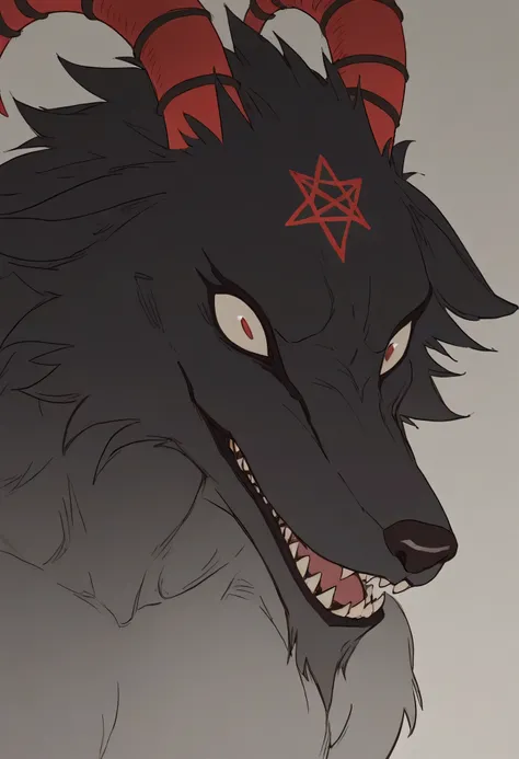 very detailed ilustraions, sharp, simple colour_tone, masterpiece, masterful, mythic, mythical, best quality, high quality, beautiful, anime, color, solo, male, GrimV2, anthro, dark furs, red curved horn, red pentagram on forehead, long_snout, large pupil,...