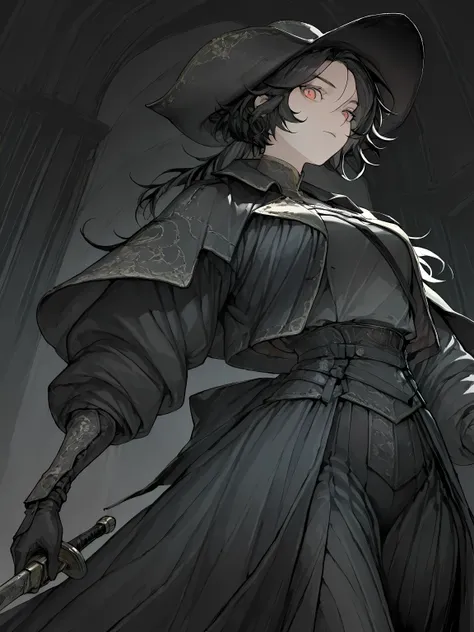 score_9, score_8_up, score_7_up, 1girl, a dark, gothic hunter’s coat, wide-brimmed, weathered hunter’s hat, reminiscent of the gothic tricorn hats from Bloodborne solo, black hair yubu, red eyes Masterpiece, UHD, Very Cool, "She looks at the viewer"