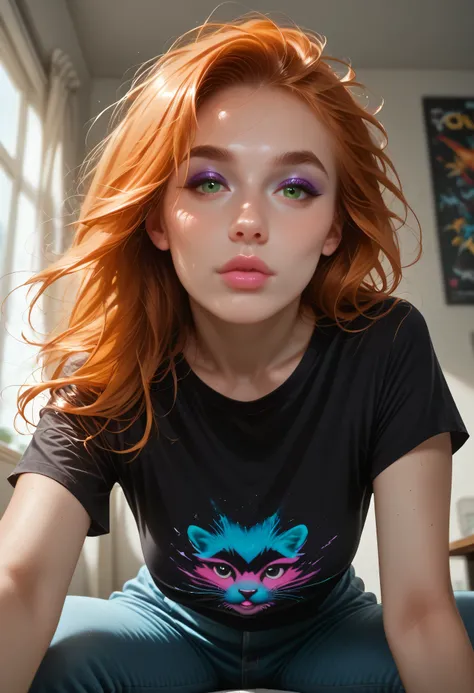8K, depth of field, focused subject, dynamic angle, sexy pose, best quality, detailed eyes, perfect eyes, realistic eyes, Long hair, orange hair, green eyes, thick eyebrows, black eyebrows, purple eyeshadow, pink lips, full lips, slender body, floating hai...