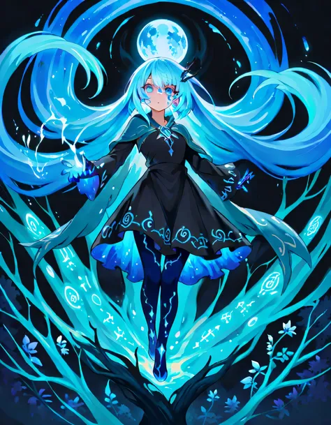 create a high-resolution of an An anime boy, mage with blue magical runes glowing around him, casting a powerful spell. The background is an enchanted forest with bioluminescent plants and a mystical blue moon shining above, wear a black and blue mixed dre...