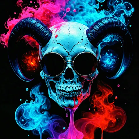 ((HALF PERSON)), A striking portrait, rendered in the style of Epic Splatter Art and Alcohol Ink, depicting a model with an otherworldly aesthetic. skull with horns.  The model, appearing to be a young adult of mixed ethnicity with dark, expressive eyes, w...
