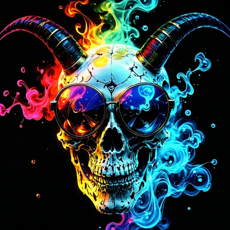 ((HALF PERSON)), A striking portrait, rendered in the style of Epic Splatter Art and Alcohol Ink, depicting a model with an otherworldly aesthetic. skull with horns.  The model, appearing to be a young adult of mixed ethnicity with dark, expressive eyes, w...