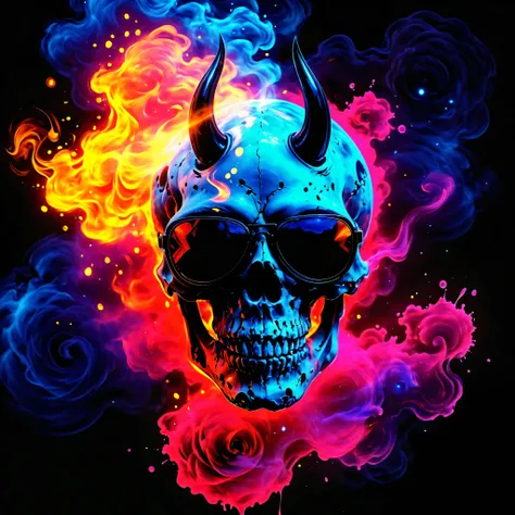 ((HALF PERSON)), A striking portrait, rendered in the style of Epic Splatter Art and Alcohol Ink, depicting a model with an otherworldly aesthetic. skull with horns.  The model, appearing to be a young adult of mixed ethnicity with dark, expressive eyes, w...
