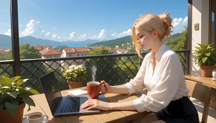 "A beautiful face and nice body, a woman sitting on a balcony, working on her laptop." She is dressed casually, with a cup of coffee on the table. The fresh air and scenic view create a refreshing and inspiring work environment.

