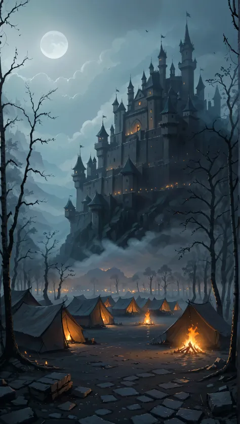 (best quality,4K ,8k ,high resolution,masterpiece:1.2),ultra-detailed,(realistic,photorealistic,photorealistic:1.37),dark and mysterious atmosphere, impressive castle in the distance,lunar sky that illuminates the scene,clouds of fog that surround the camp...