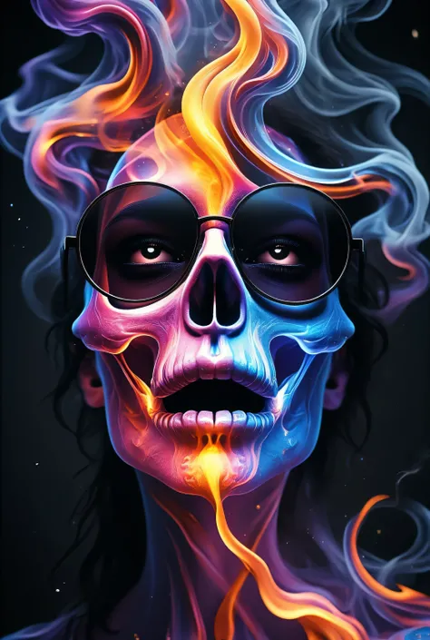 A striking portrait, rendered in the style of Epic Splatter Art and Alcohol Ink, depicting a model with an otherworldly aesthetic.  The model, appearing to be a young adult of mixed ethnicity with dark, expressive eyes, wears oversized, circular sunglasses...