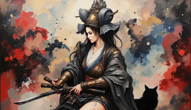 ((masterpiece:1.2)), (( top quality:1.2)), cyberpunk samurai girl , , ( wears samurai armor and helmets :1.2), (( long dark hair)), ((full body:1.6)), ((Equipped with a Japanese sword:1.5)), (dramatic pose:1.2), ([low angle:1.2), (underneath:1.2), ( Black...