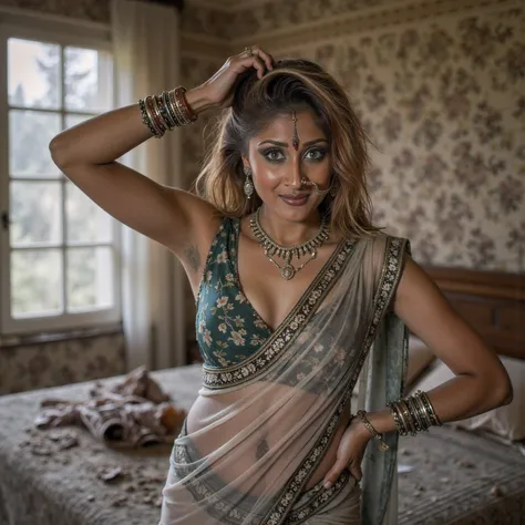 Very good quality portrait to show the beauty of an woman in an urban decay environment, photo of a homeless indian woman, 35 years old, slim body, hourglass body figure, large breasts, a clearly visible deep cleavage, dark brown hairs, straight hairs with...
