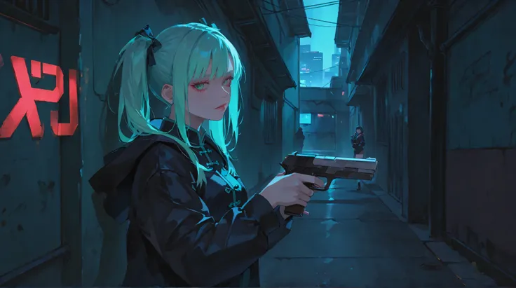 ((big、bullets envelop her. ))、girl with jet black twin tails tied with ribbons, wearing a teal colored china dress with silver decorations, Grab a pistol, Her opponent's bullets surround her with slow movements, Floating in a neon-lit cyberpunk back alley....