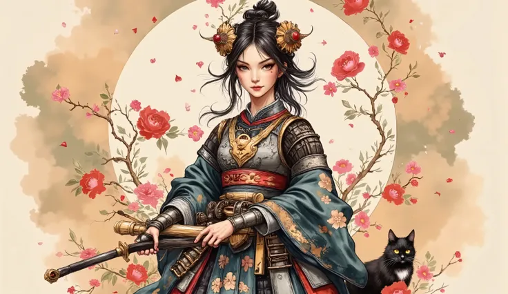 ((masterpiece:1.2)), (( top quality:1.2)), cyberpunk samurai girl , , ( wears samurai armor and helmets :1.2), (( long dark hair)), ((full body:1.6)), ((Equipped with a Japanese sword:1.5)), (dramatic pose:1.2), ([low angle:1.2), (underneath:1.2), ( Black...