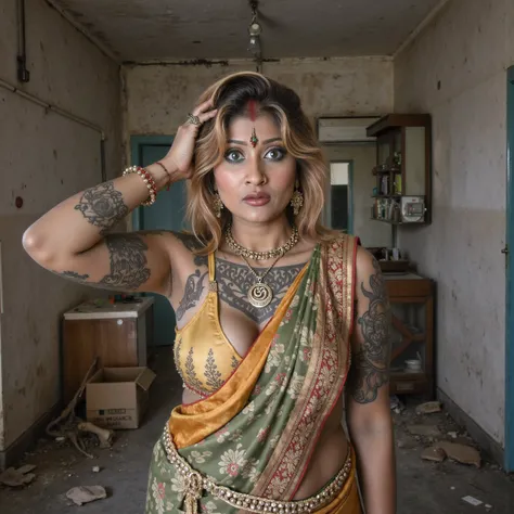 wet skin and hair, hindu tattoo all over her body, massive breasts, blond hair, long straight hair,. (front button blouse and saree, bare lower body, torn, middle chest torn dress, no panties, breasts exposed), 35Year old Indian Mature lady, slim body, ope...