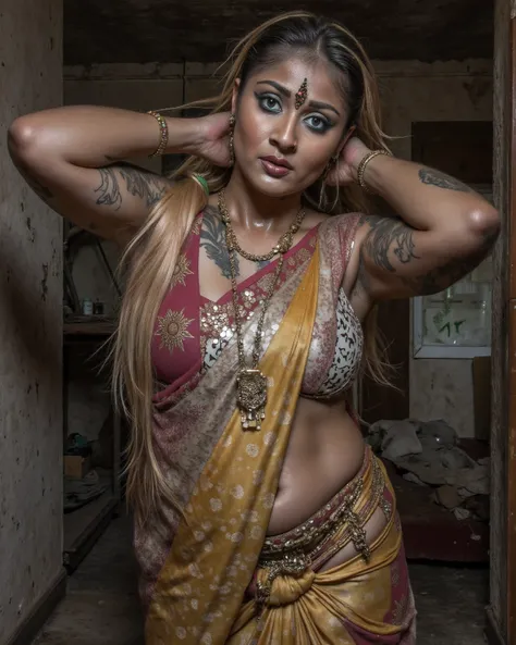 wet skin and hair, hindu tattoo all over her body, massive breasts, blond hair, long straight hair,. (front button blouse and saree, bare lower body, torn, middle chest torn dress, no panties, breasts exposed), 35Year old Indian Mature lady, slim body, ope...