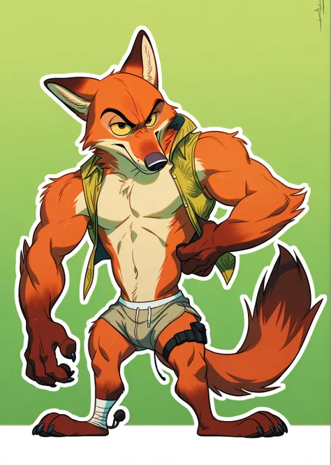 NickWilde fox brown eyes, yellow sclera, solo, detailed, detailed face, black eyes, anthro body, male, adult, muscular, cartoon shading, cel shaded:1.0, flat colors, (no background, white background):1.5, shirtless, wfa style, negger style, cartoony anatom...