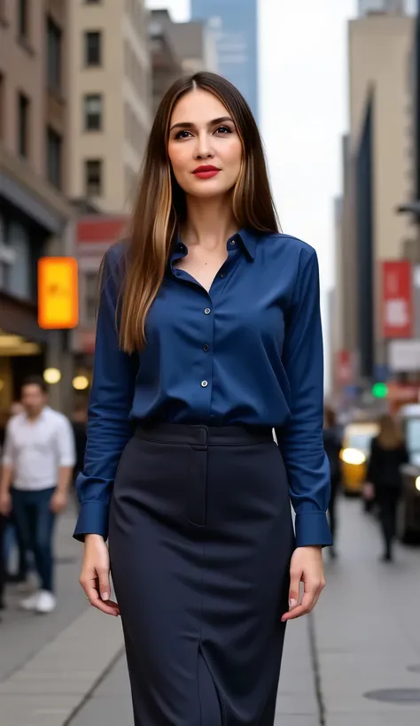 a beautiful woman, standing midtown,  front facing, use a dark blue buttoned shirt, using a long skirt to the toe pencil model, big , red lips