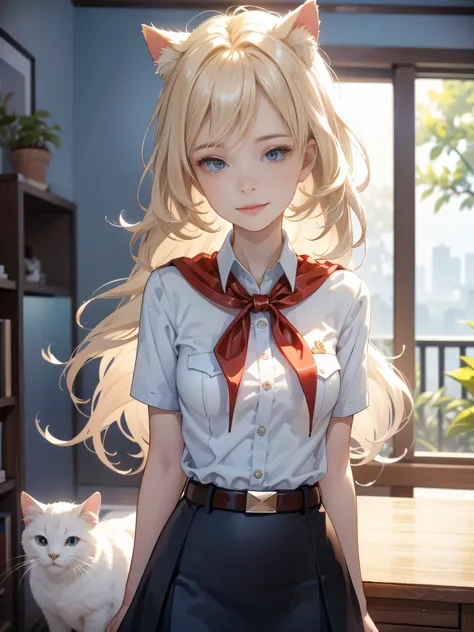 very young slim fit girl, full height, rounded face, (long curly disheveled blond hair:1.4), big blue eyes, shy smile, perfect medium breast, band on head with fake cat ears, monroe, pioneer neckerchief, short tight blue pleated skirt, bangs, tight white s...